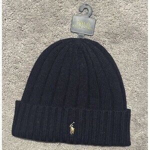 Polo Ralph Lauren Ribbed Cuff Beanie One Size Blue Wool Blend Pony Logo Preppy